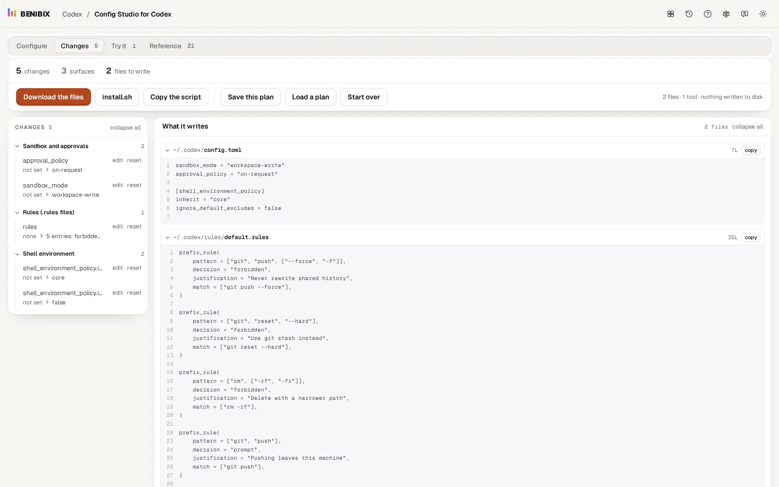 The Changes tab of Config Studio for Codex: the changes from a pack on the left and every file it writes on the right