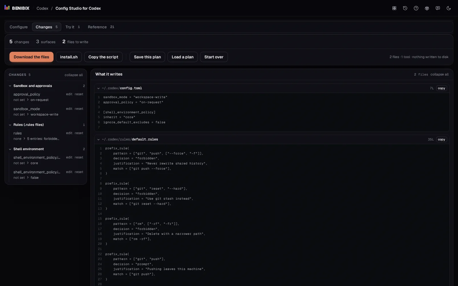 The Changes tab of Config Studio for Codex: the changes from a pack on the left and every file it writes on the right