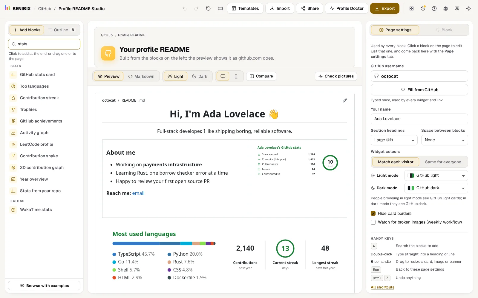 The blocks list on the left of the studio, searched for stats: GitHub stats card, Top languages, Contribution streak and the other stats blocks