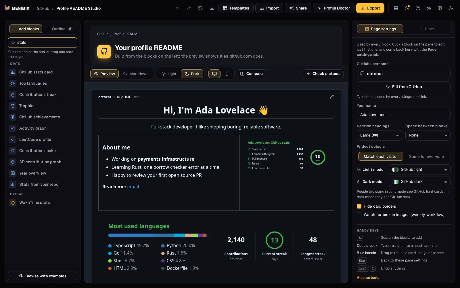The blocks list on the left of the studio, searched for stats: GitHub stats card, Top languages, Contribution streak and the other stats blocks