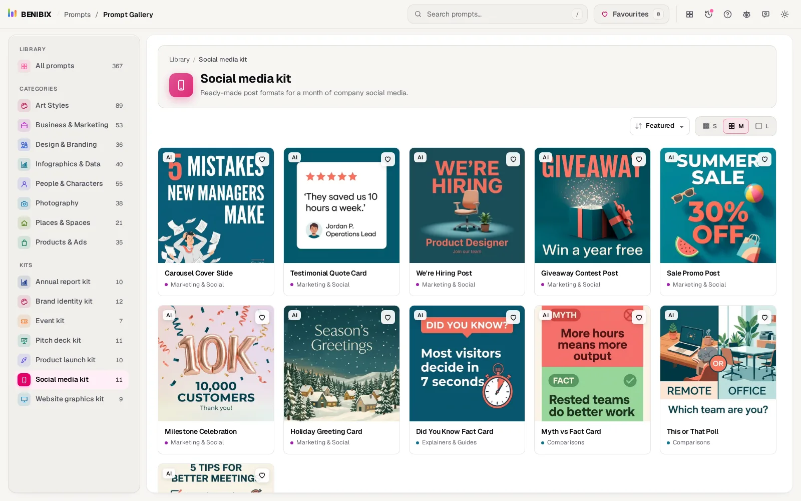 The Social media kit: a carousel cover, a testimonial card, a hiring post, a giveaway, a sale post and more, in the kit's order