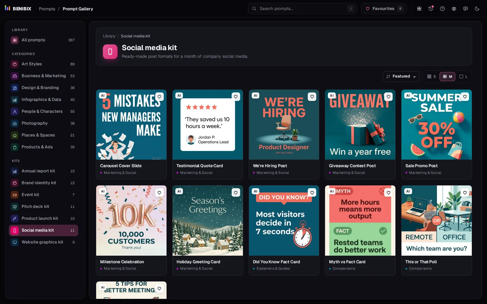 The Social media kit: a carousel cover, a testimonial card, a hiring post, a giveaway, a sale post and more, in the kit's order