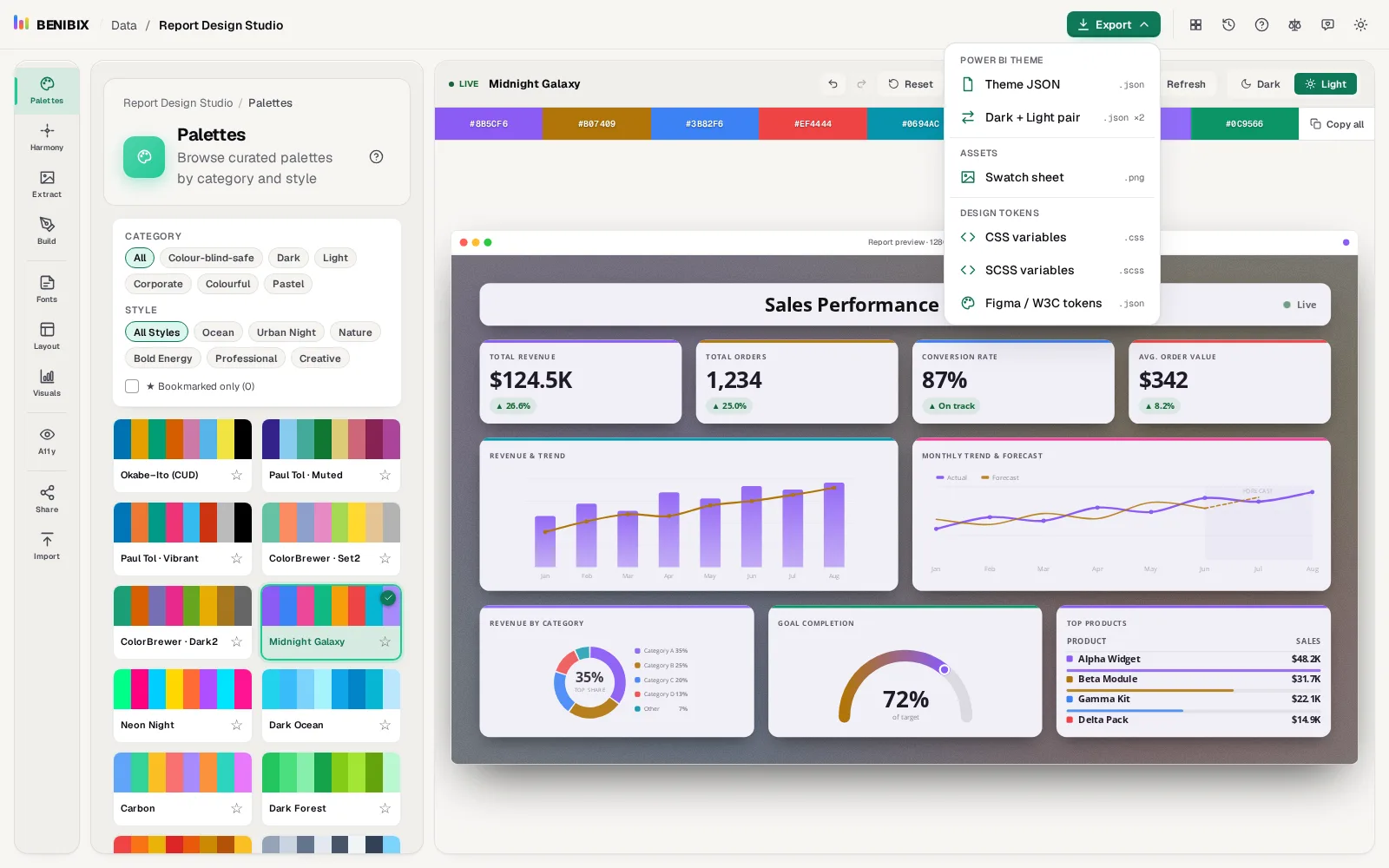 The Export menu: the theme JSON, a dark and light pair, a swatch sheet and design tokens
