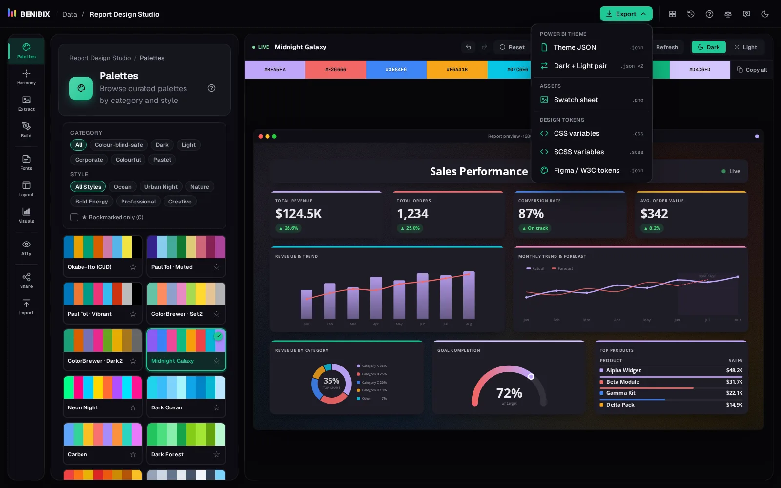 The Export menu: the theme JSON, a dark and light pair, a swatch sheet and design tokens
