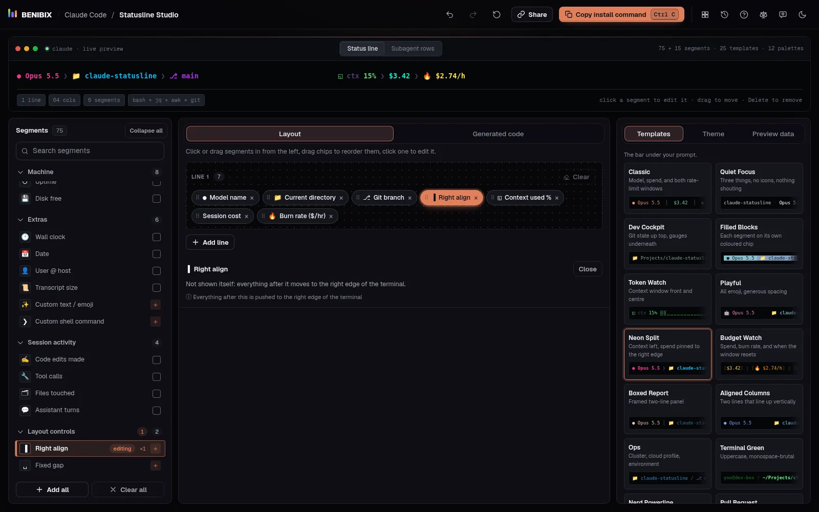 Neon Split with the Split line shape: the Right align segment in the layout, and the context and cost pinned to the right of the preview