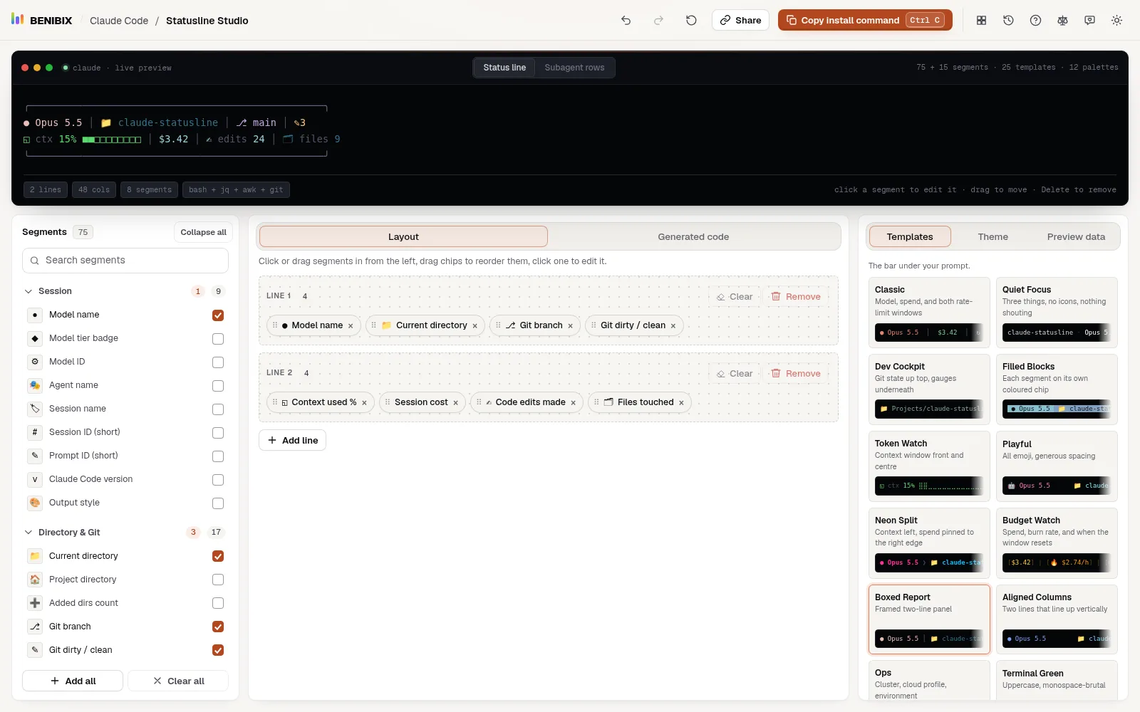 The Boxed Report template: two lines framed in a box in the preview