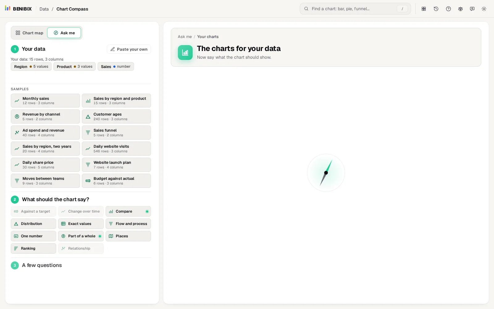 Step 1 after pasting a table: Your data: 15 rows, 3 columns, with Region and Product as categories and Sales as a number