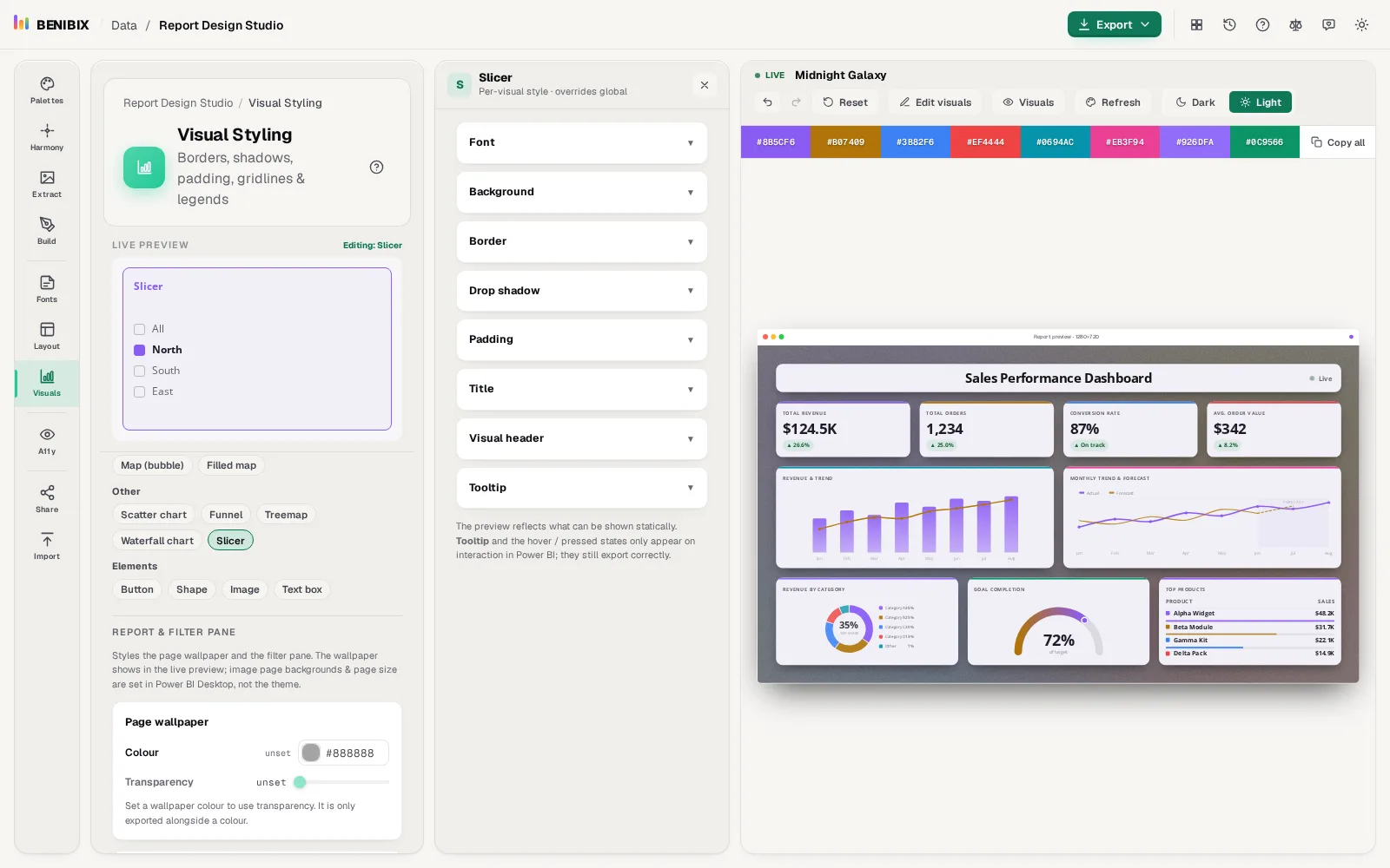 The Visuals section in Advanced mode with the Slicer's settings open next to its live preview