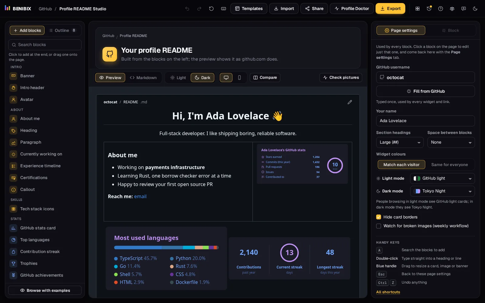 Page settings with GitHub light for light mode and Tokyo Night for dark mode, and the preview in GitHub's dark theme