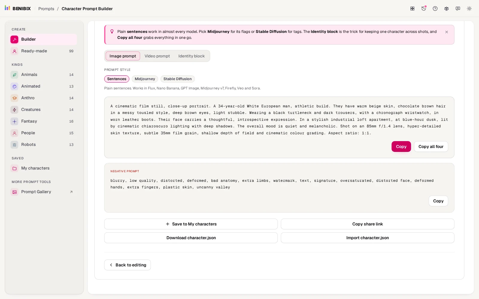The result step's buttons: Save to My characters, Copy share link, Download character.json and Import character.json