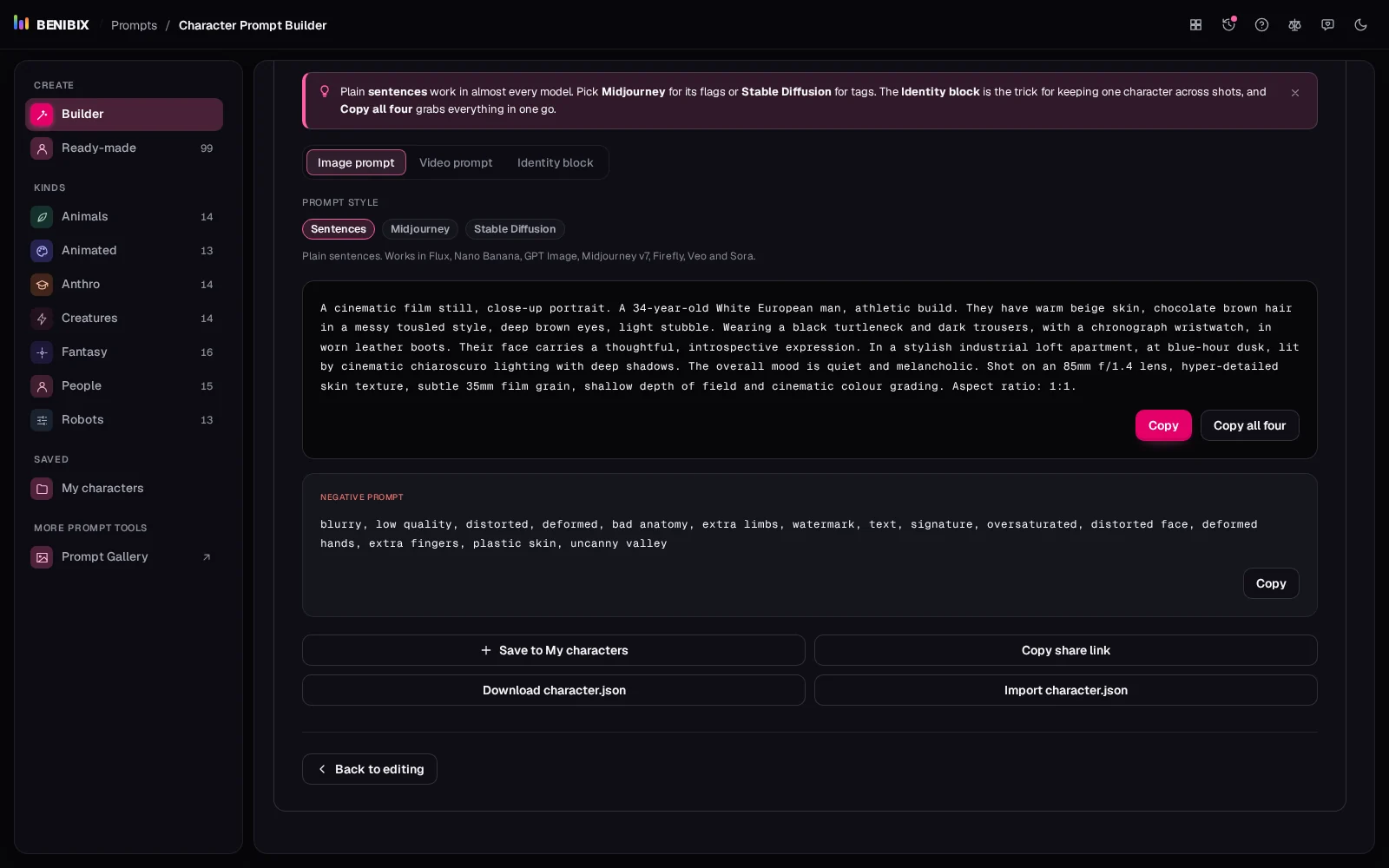 The result step's buttons: Save to My characters, Copy share link, Download character.json and Import character.json