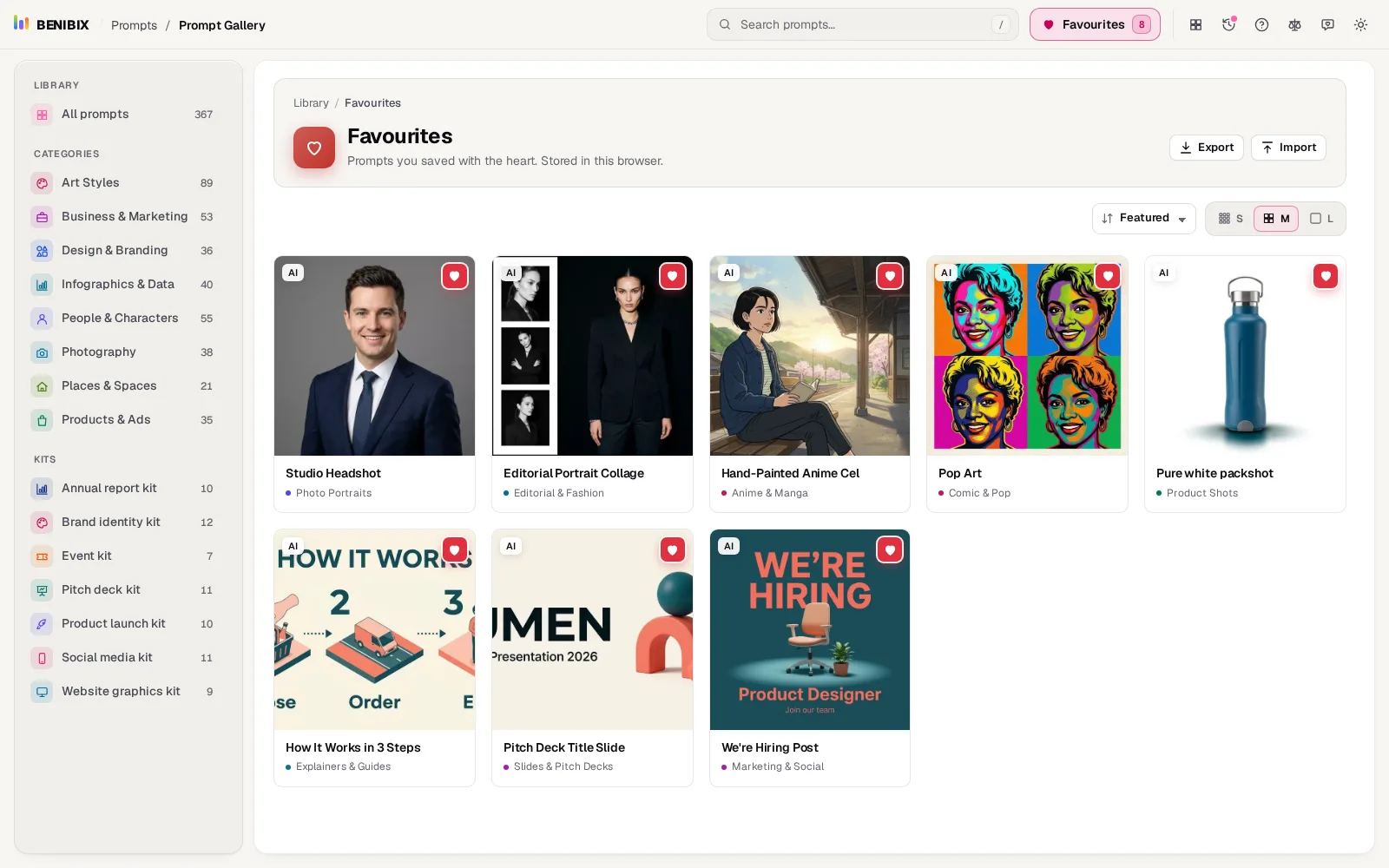 The Favourites view with eight saved prompts, and the Export and Import buttons in its header