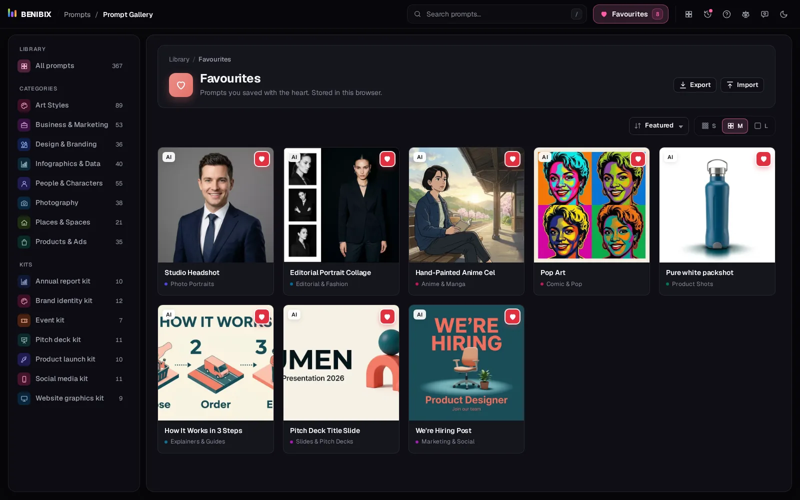 The Favourites view with eight saved prompts, and the Export and Import buttons in its header