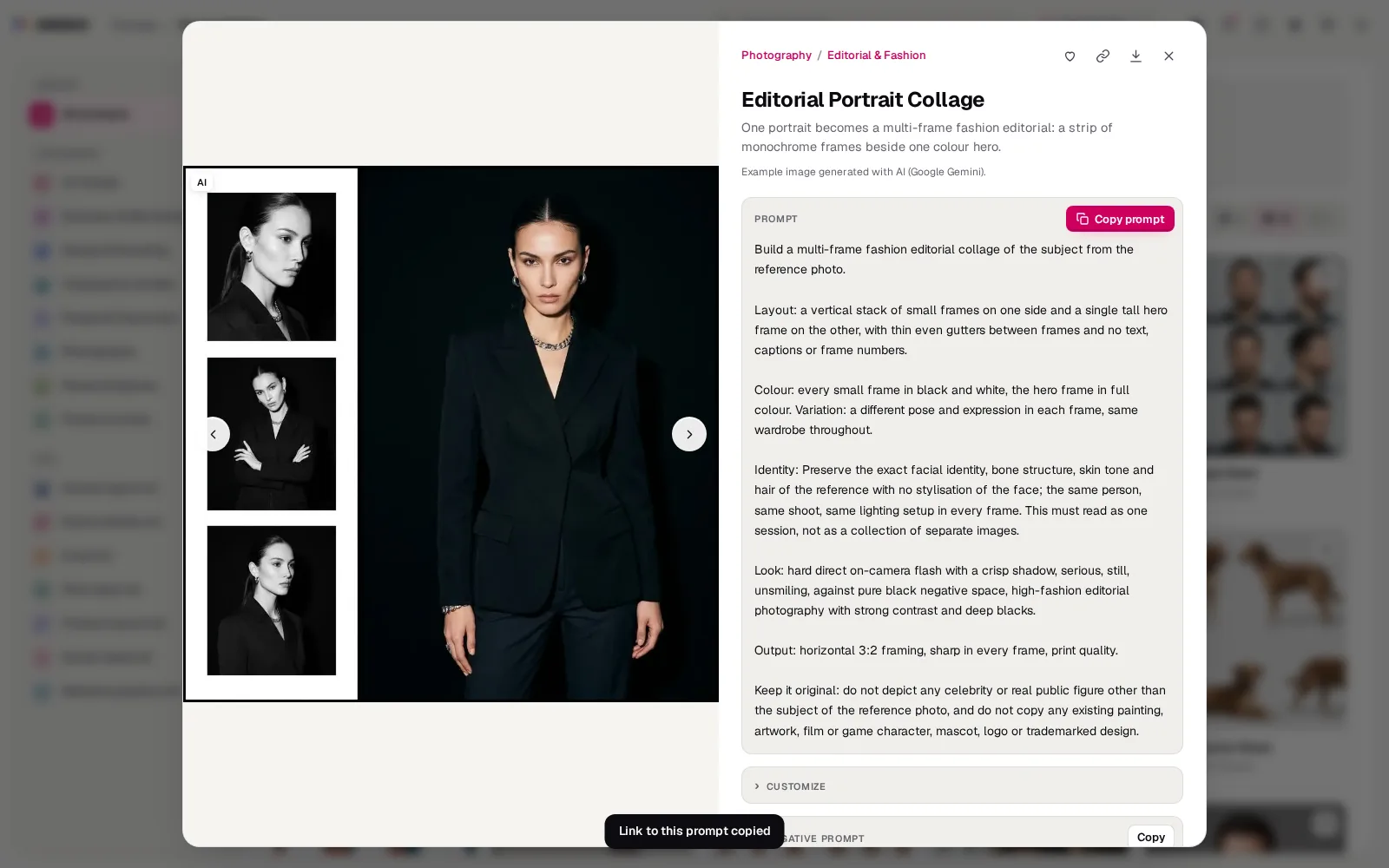 An open prompt after a click on the link button, with the message Link to this prompt copied