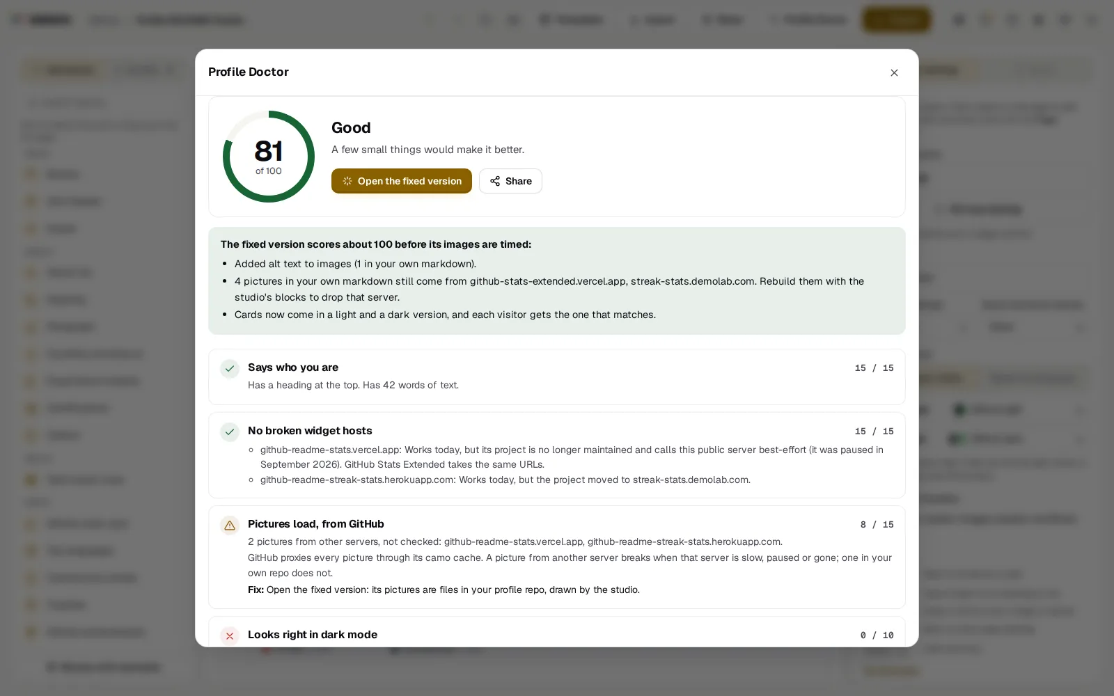 The Profile Doctor scoring a pasted README 81 of 100, with the changes the fixed version makes and each rule's result