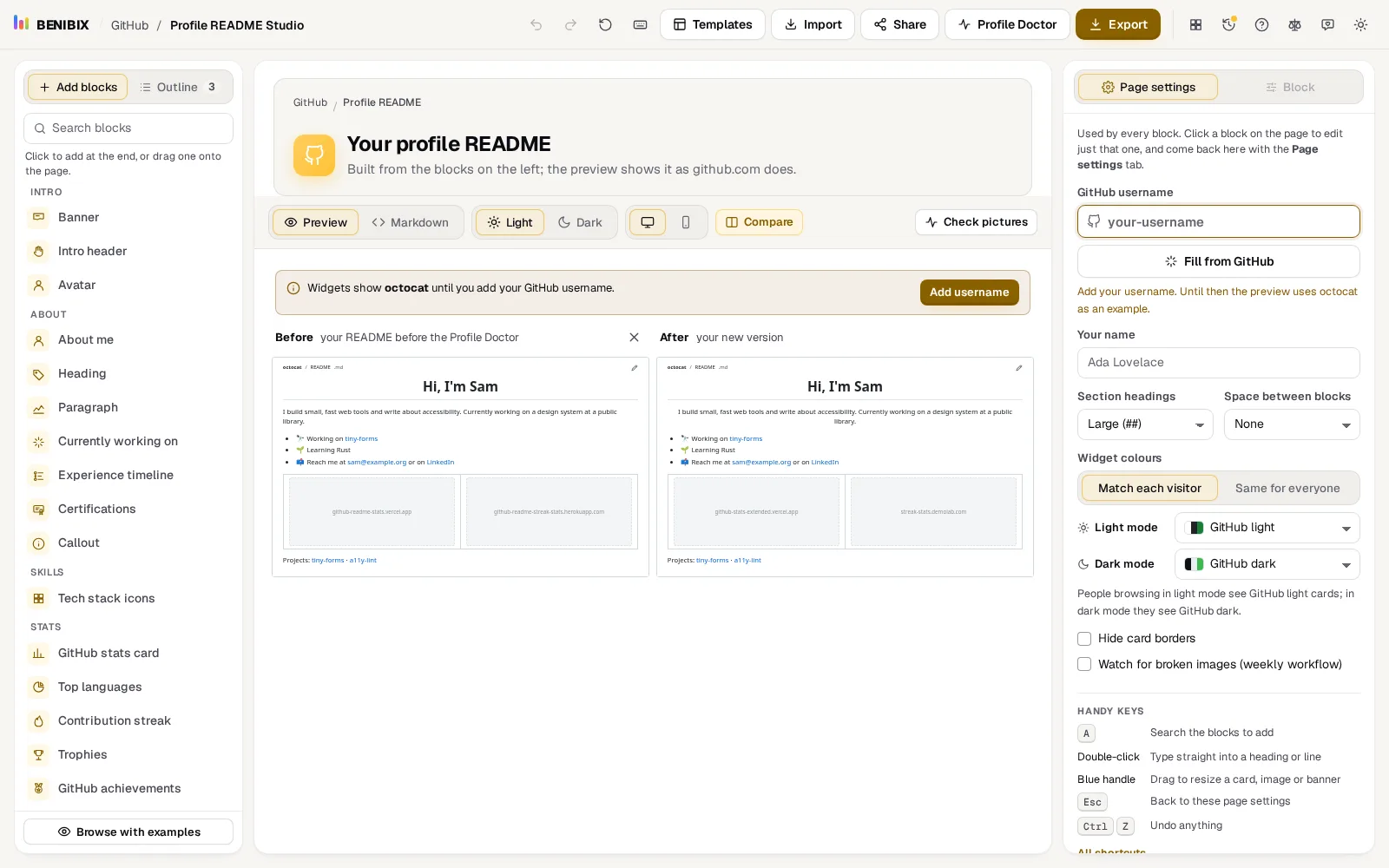 Compare after the Profile Doctor: the README before on the left and the fixed version on the right