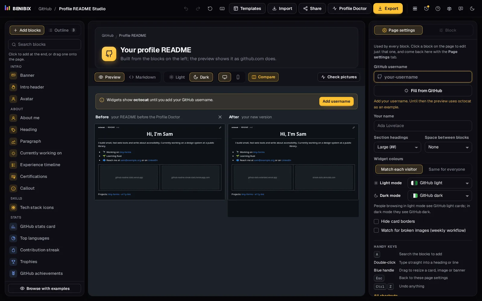 Compare after the Profile Doctor: the README before on the left and the fixed version on the right