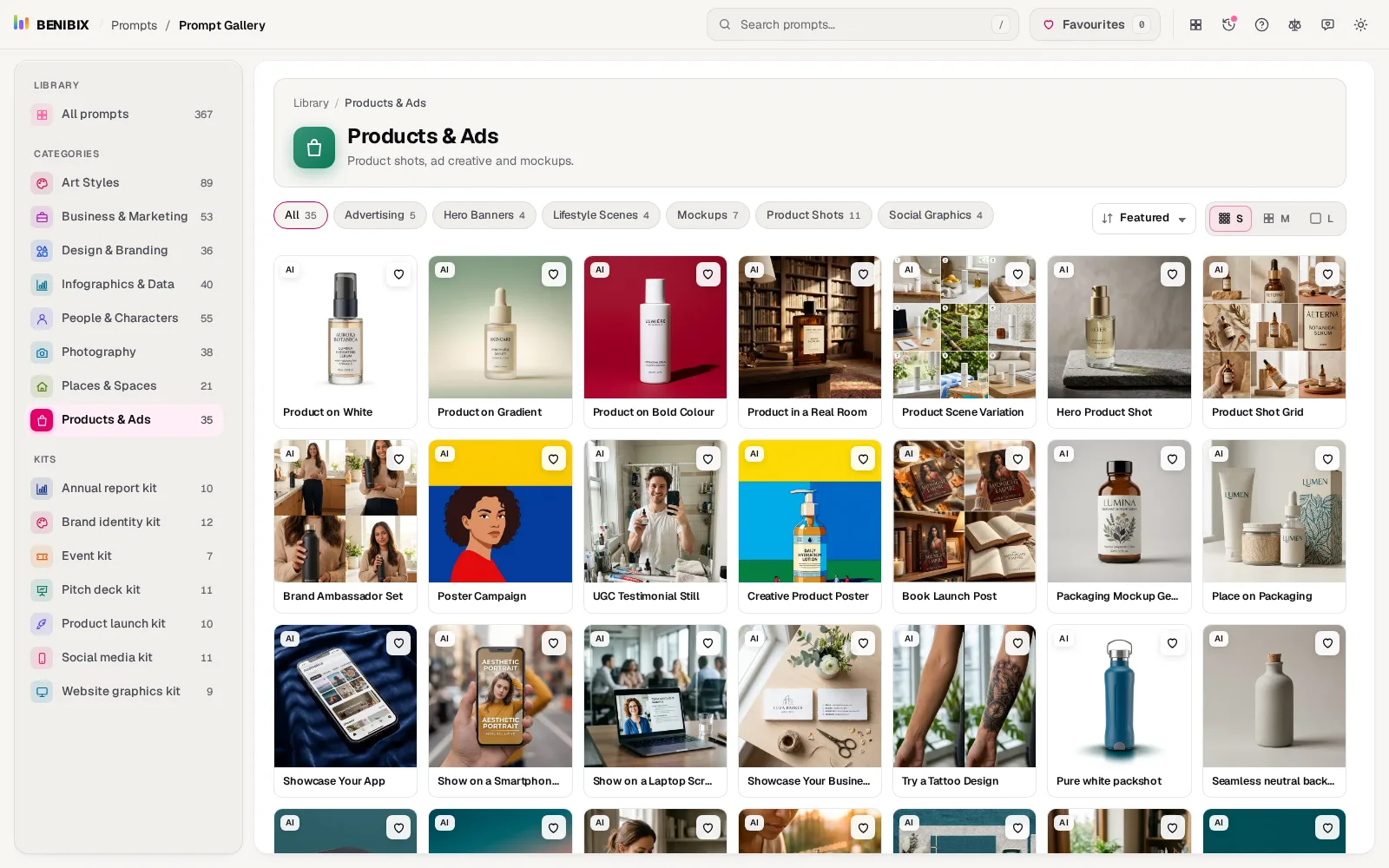 Products & Ads with small cards, seven example images to a row