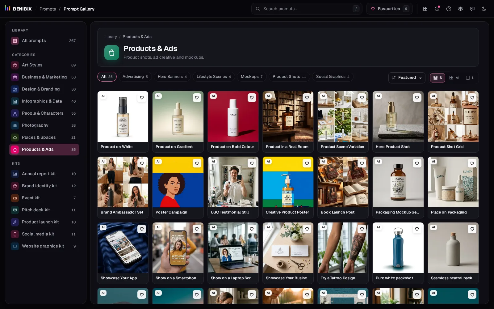 Products & Ads with small cards, seven example images to a row