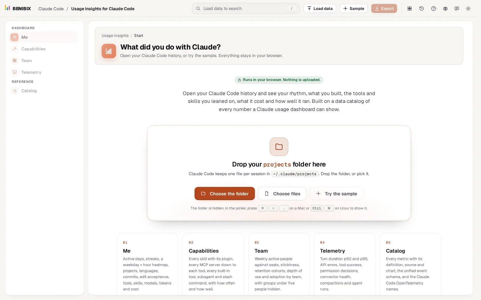 The start screen of Usage Insights for Claude Code: drop your projects folder, choose it, or try the sample