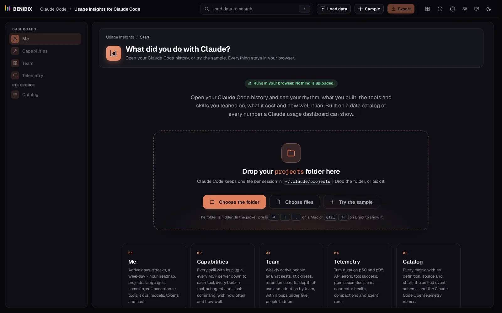 The start screen of Usage Insights for Claude Code: drop your projects folder, choose it, or try the sample