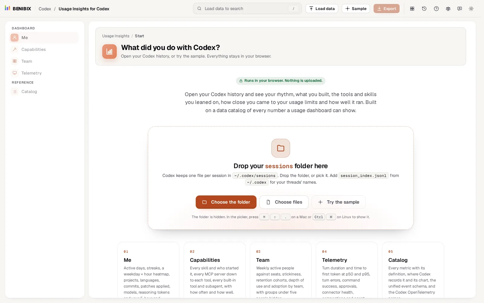 The start screen of Usage Insights for Codex: drop your sessions folder, choose it, or try the sample