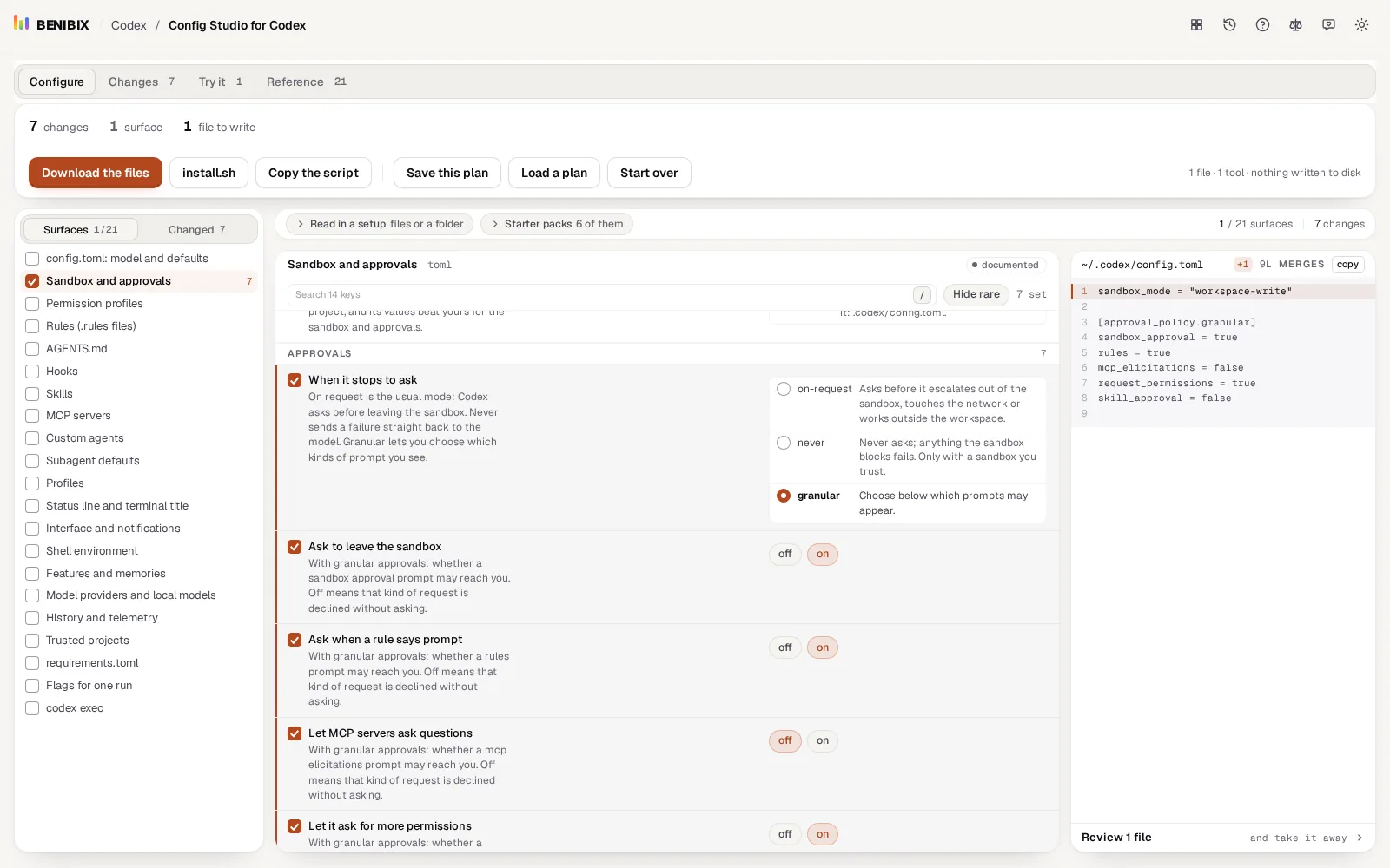 Sandbox and approvals in Config Studio for Codex with granular approvals picked: the five prompt switches and the config.toml they write