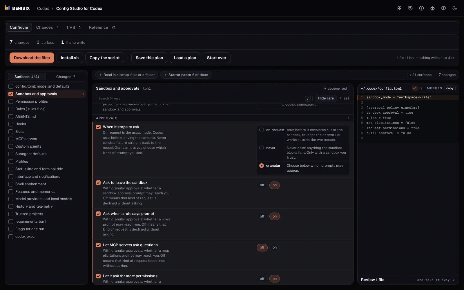 Sandbox and approvals in Config Studio for Codex with granular approvals picked: the five prompt switches and the config.toml they write