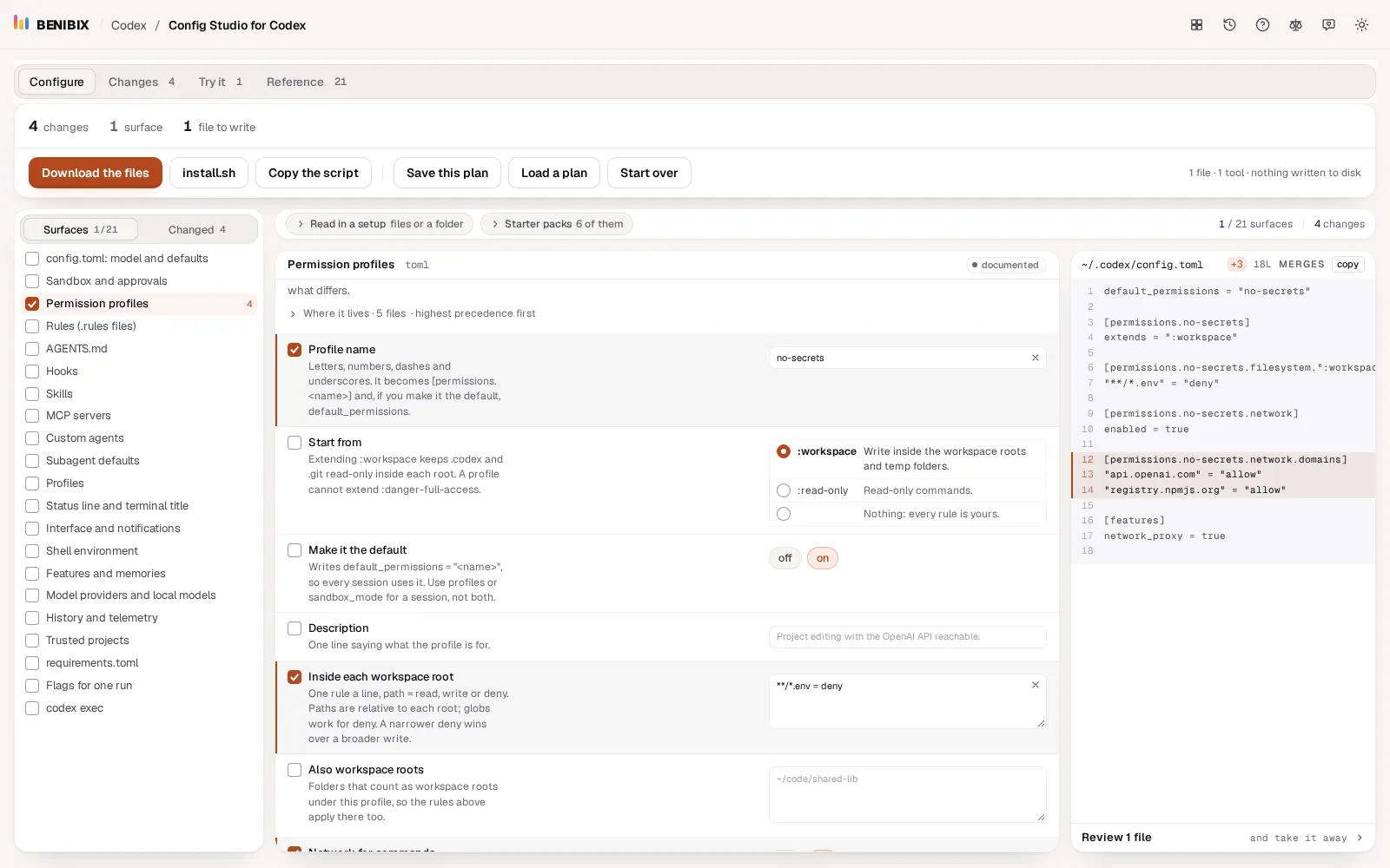 Permission profiles in Config Studio for Codex: a profile that denies .env files and allows two domains, and its permissions table