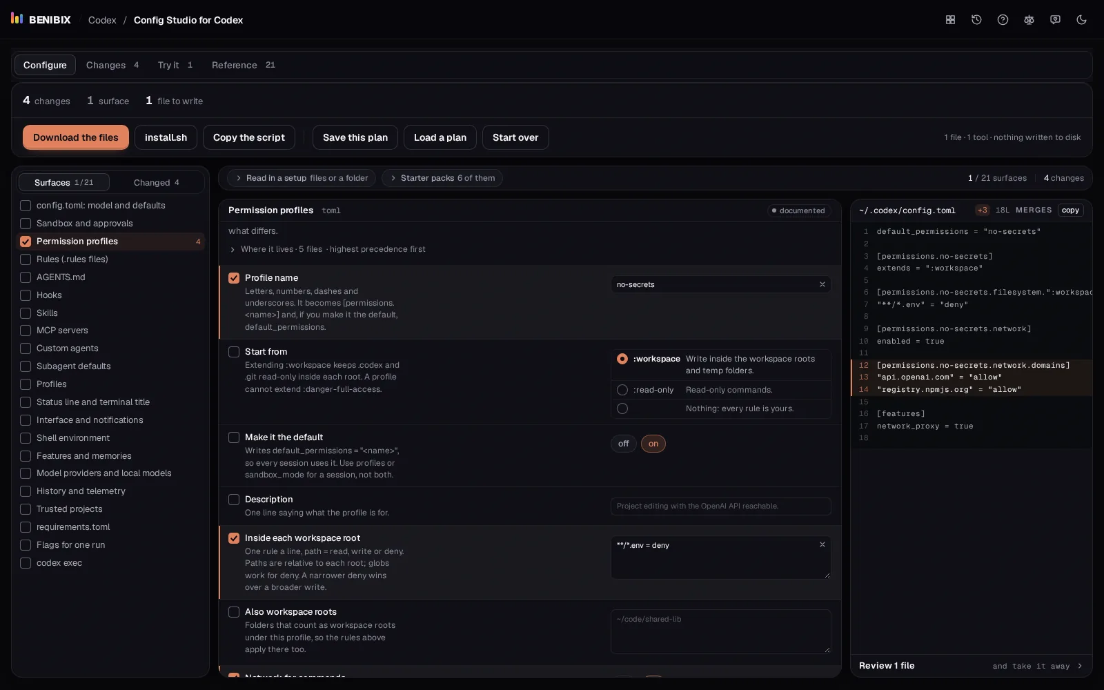 Permission profiles in Config Studio for Codex: a profile that denies .env files and allows two domains, and its permissions table