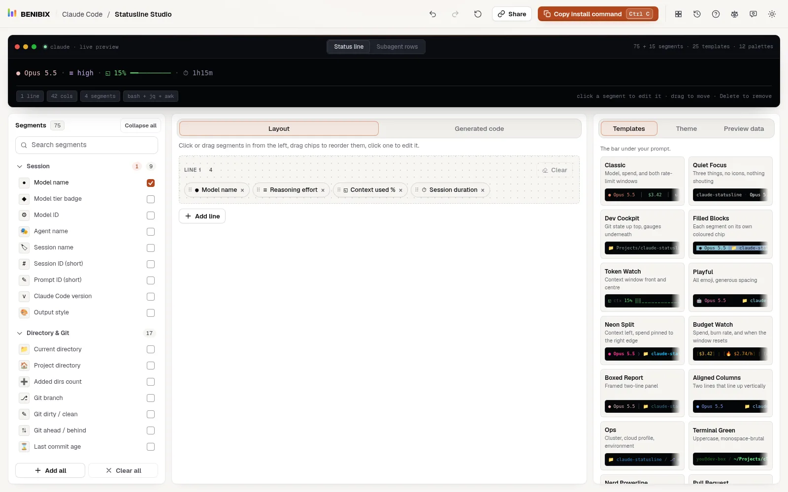 The Screen Share template: model, effort, context and duration, with no paths, names or money
