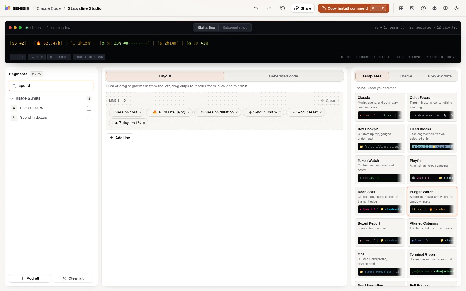 The Budget Watch template, with the segments list searched for spend: Spend limit % and Spend in dollars