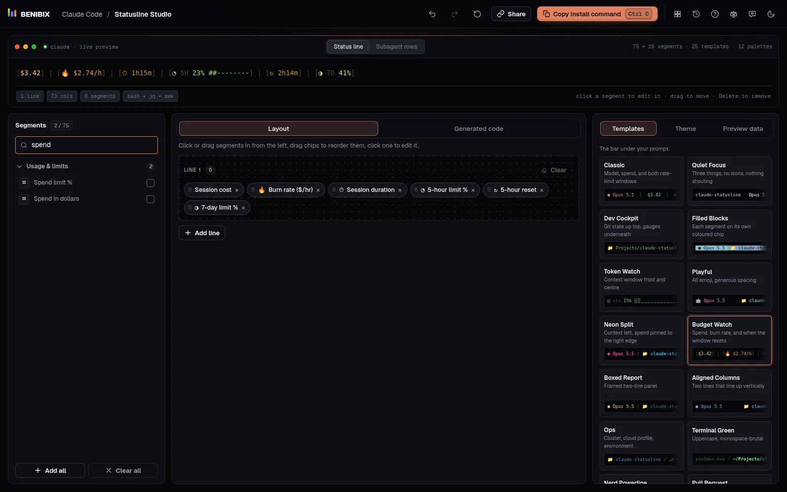 The Budget Watch template, with the segments list searched for spend: Spend limit % and Spend in dollars