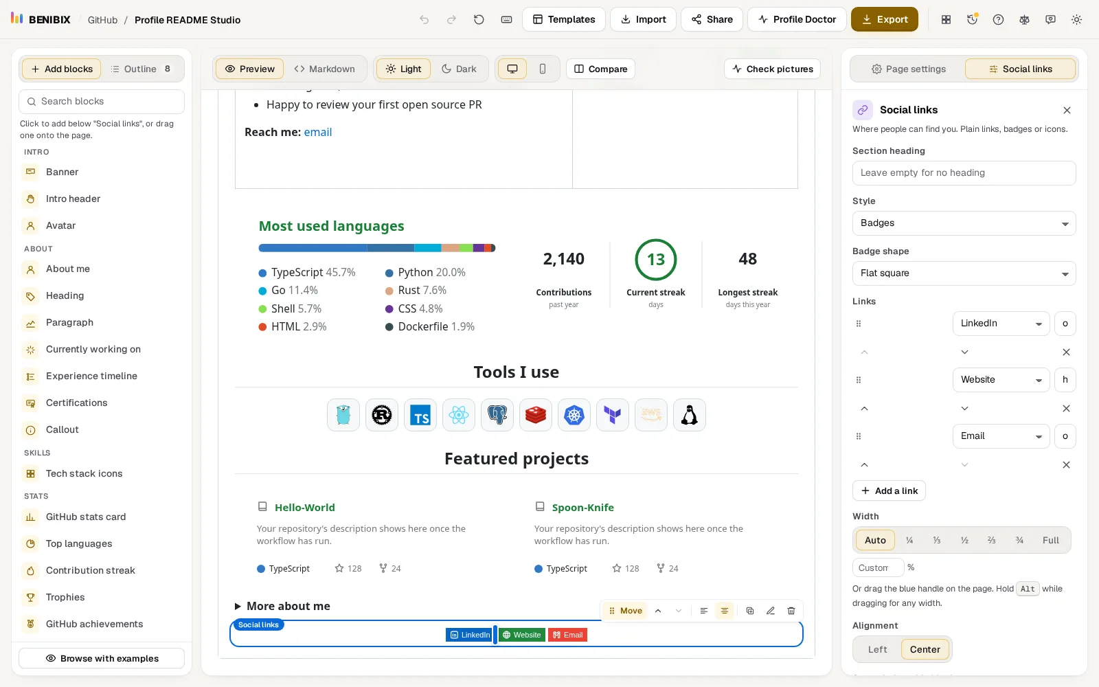 Social links selected: LinkedIn, website and email as plain links in the preview, and the style and links in its settings