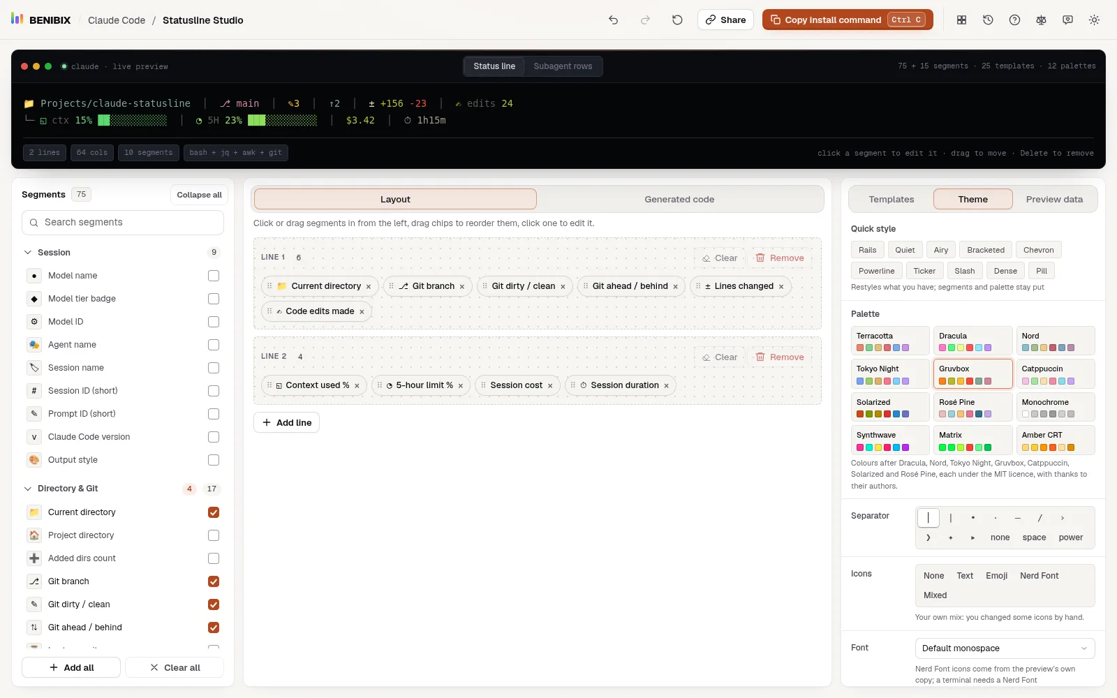 The Theme panel: the ten quick styles, the twelve palettes, separators and icon sets
