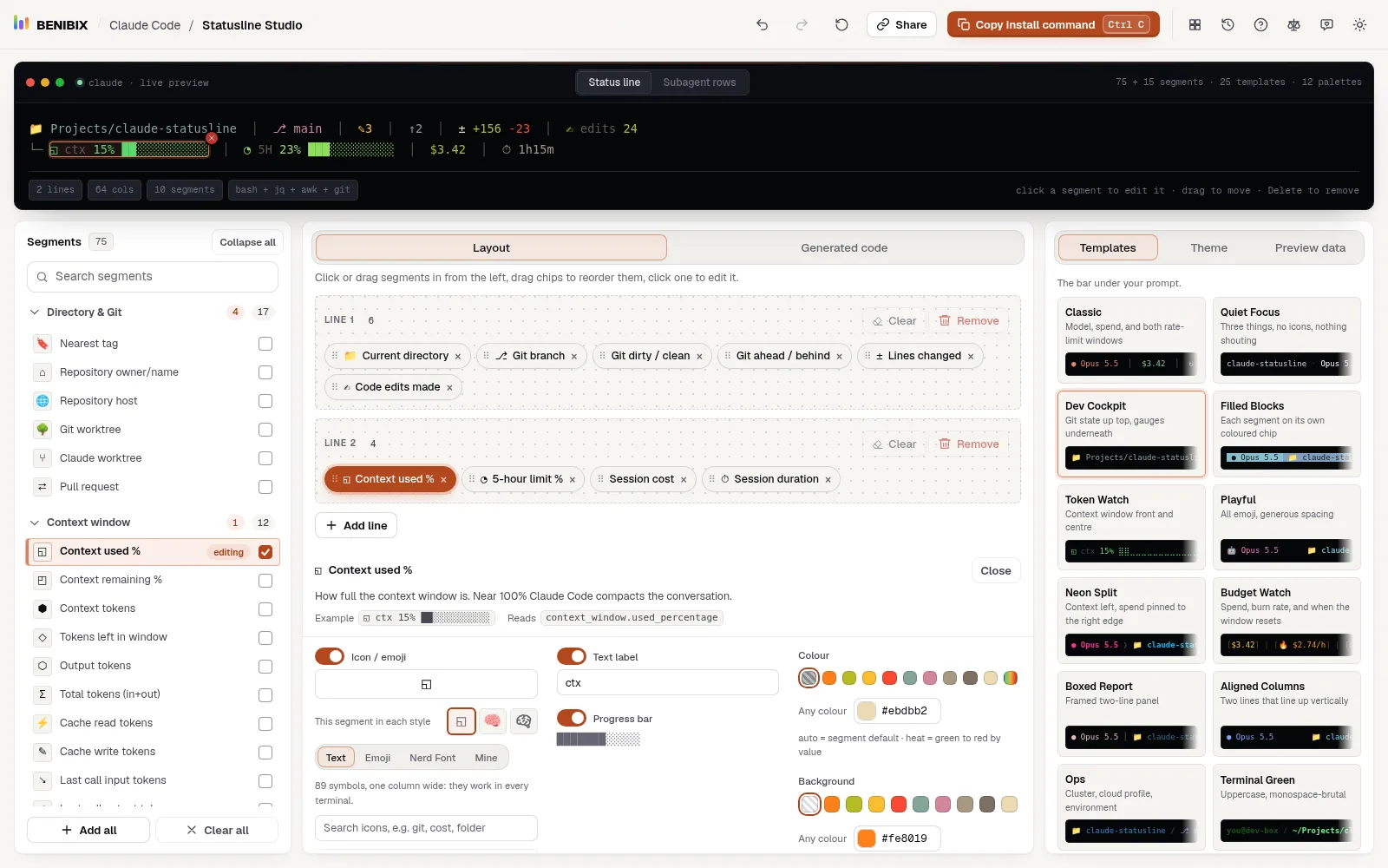 The editor of Context used %: icon on the left, text label and progress bar in the middle, colour and background on the right
