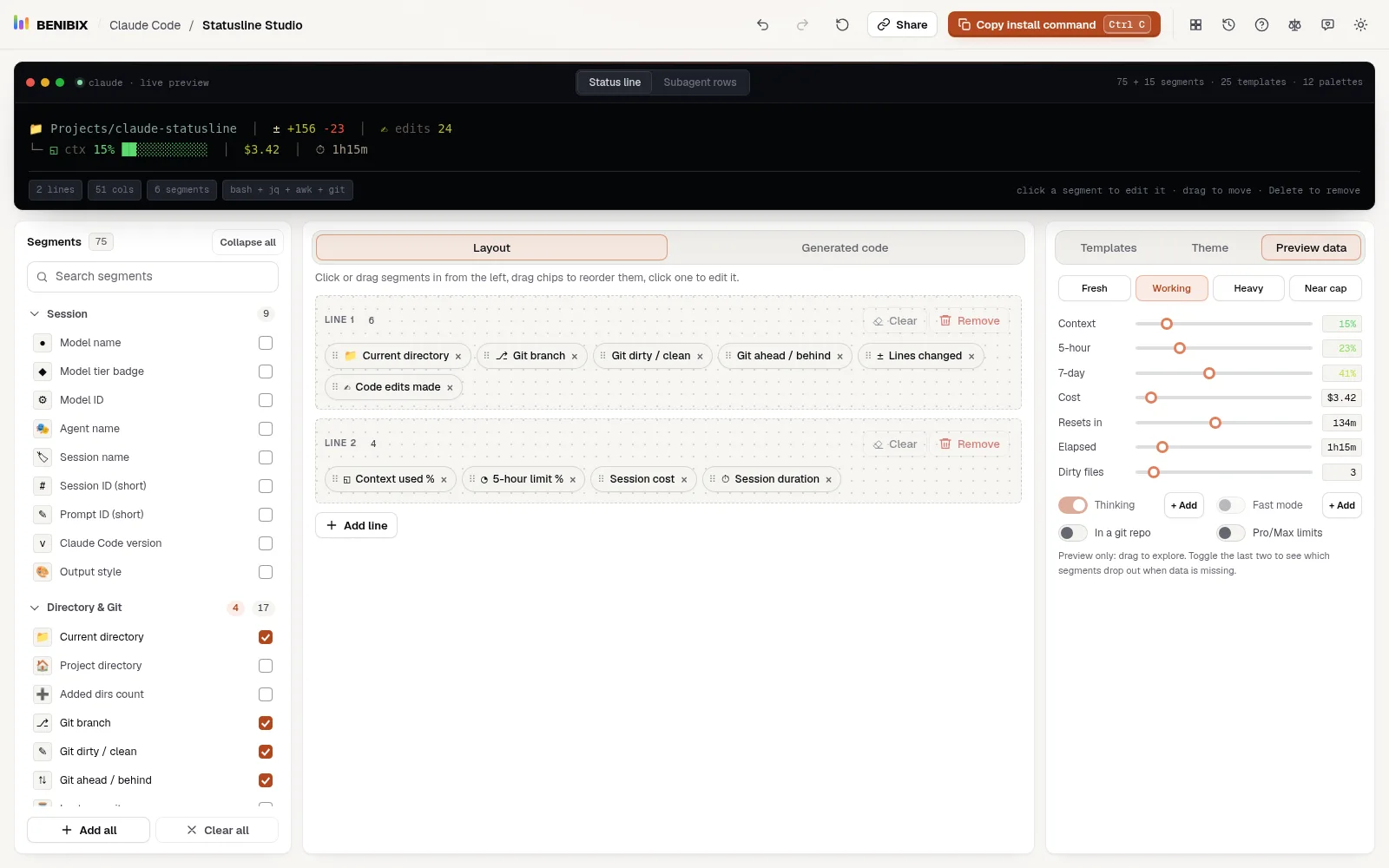 Preview data with In a git repo and Pro/Max limits turned off: the branch, git and limit segments are gone from the preview
