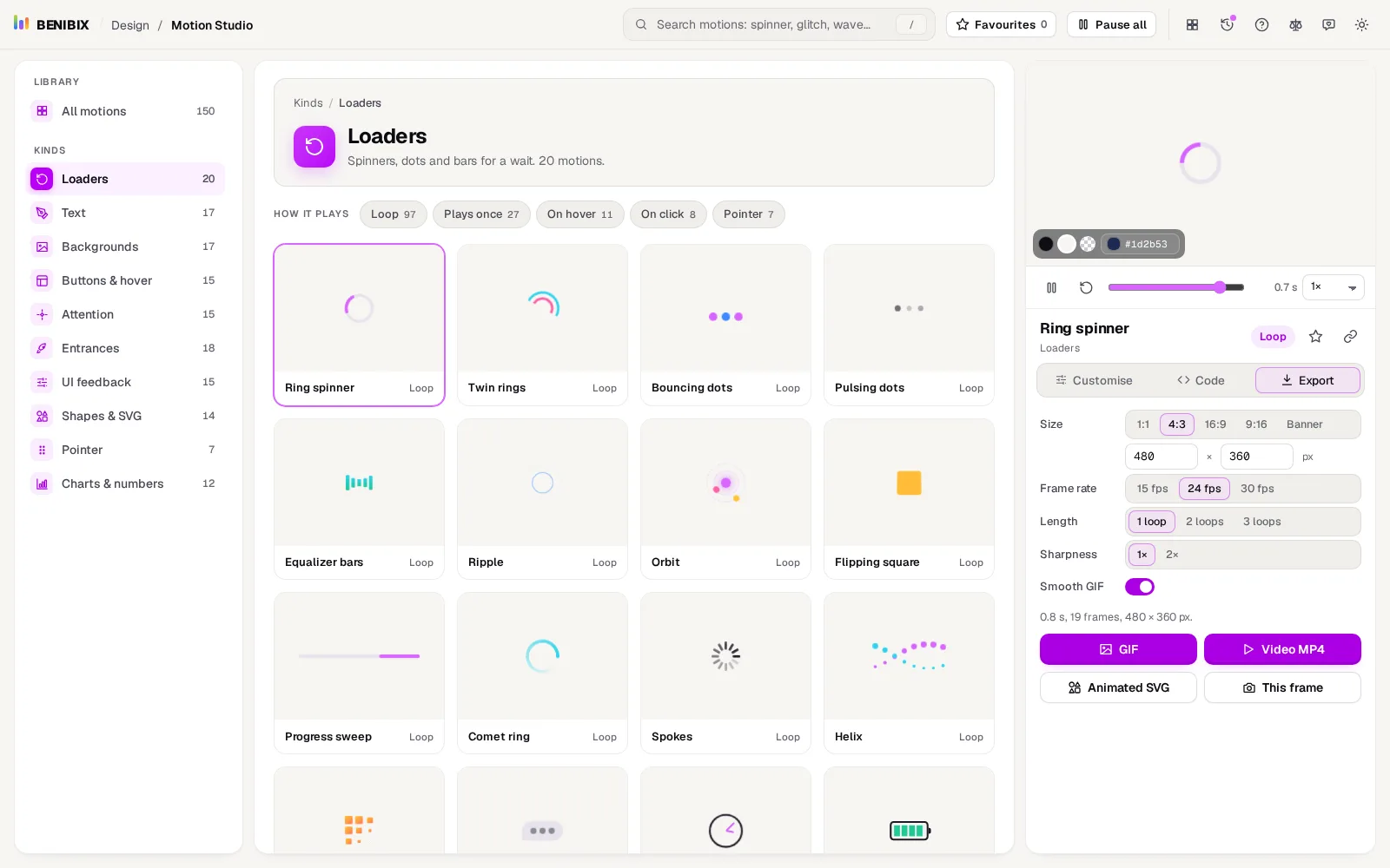 The Export tab of the ring spinner: size, frame rate, length, sharpness and Smooth GIF, the line that says 0.8 s and 19 frames, and the GIF, Video MP4, Animated SVG and This frame buttons