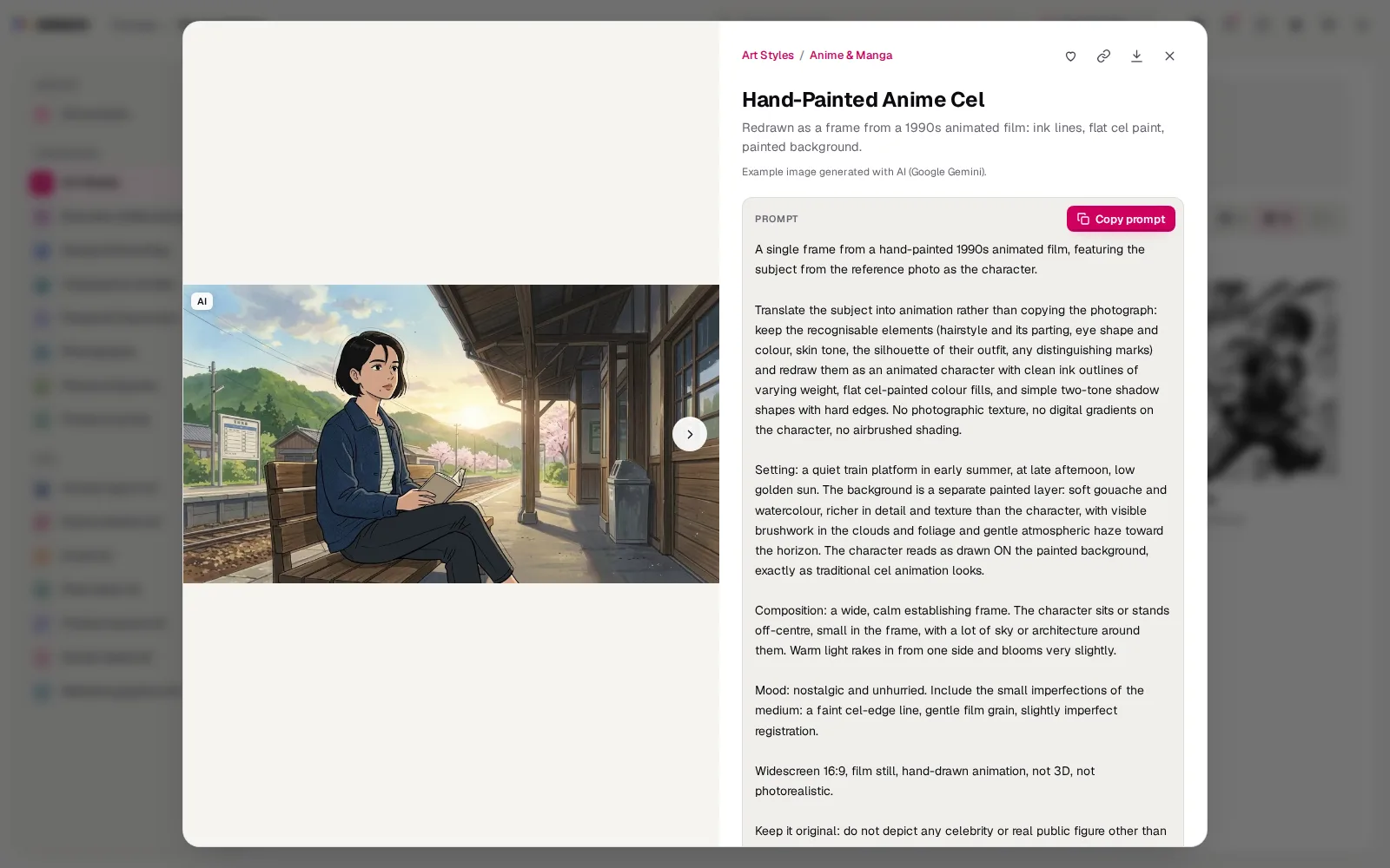 Hand-Painted Anime Cel opened in Art Styles: the subject from the reference photo redrawn as a frame of a 1990s animated film