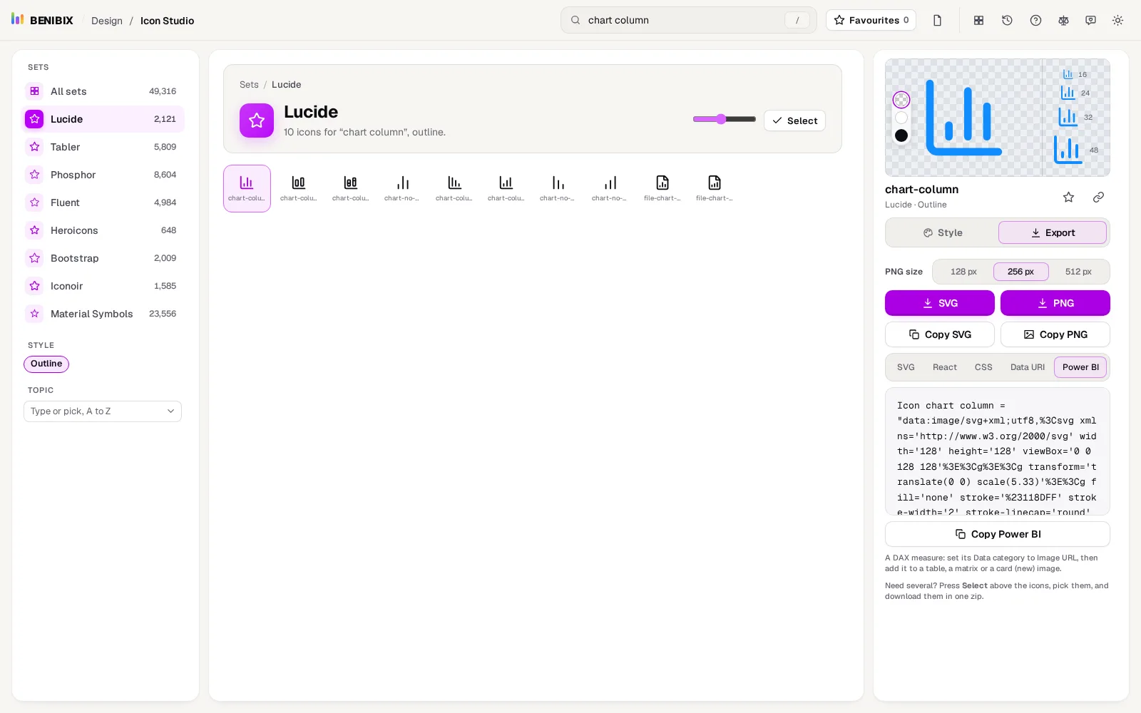 The Export tab with the chart-column icon in Power BI blue: PNG size, the SVG and PNG buttons, Copy SVG and Copy PNG, and the Power BI tab with its DAX measure and Copy Power BI