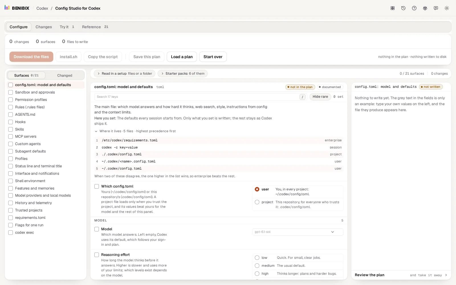 config.toml in Config Studio for Codex with Where it lives open: requirements, flags, the project, a profile and your own config.toml, highest first