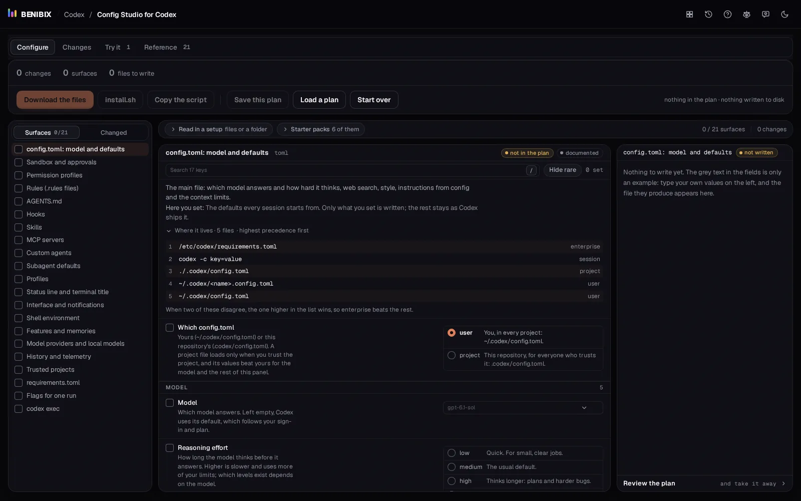 config.toml in Config Studio for Codex with Where it lives open: requirements, flags, the project, a profile and your own config.toml, highest first