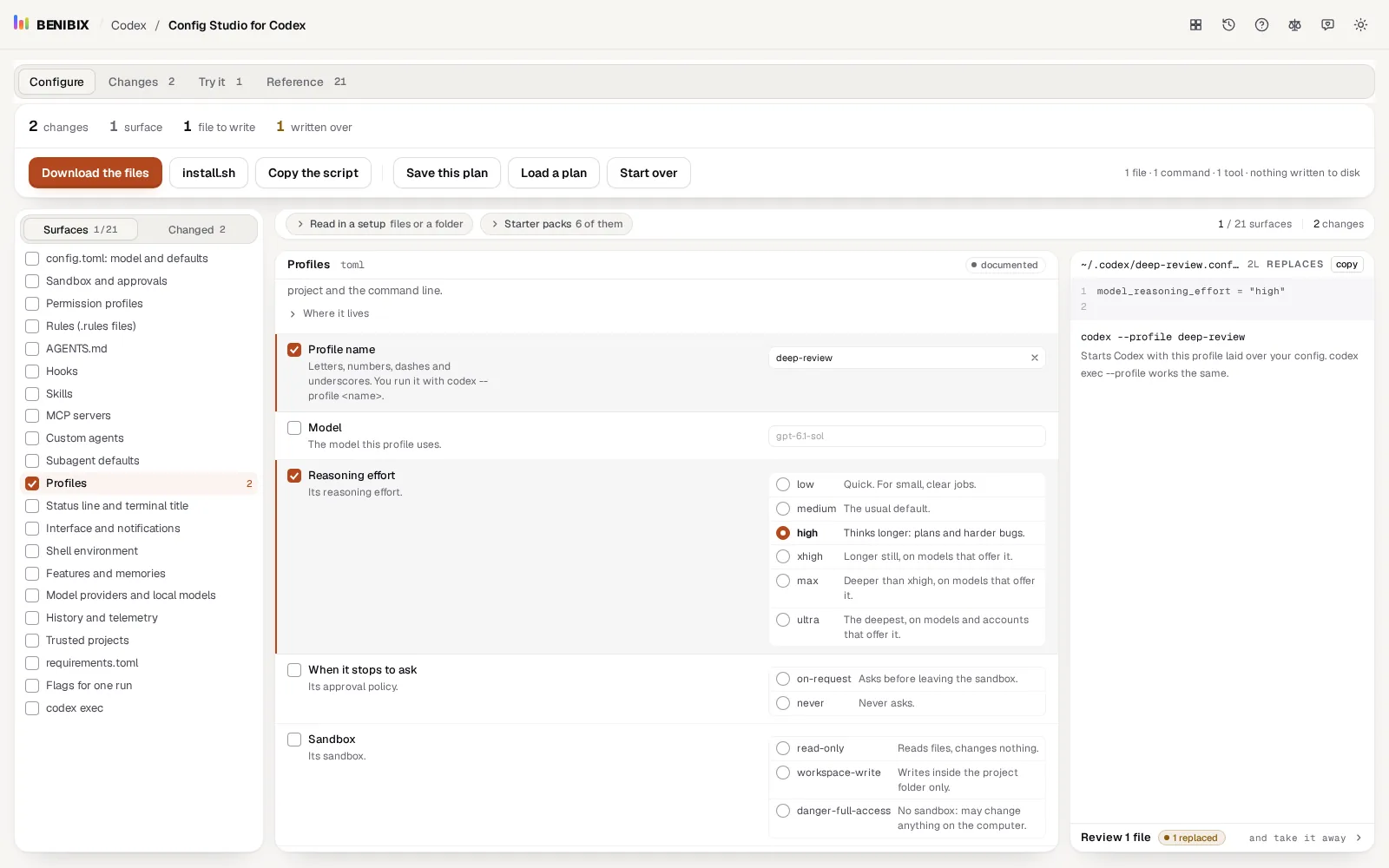 Profiles in Config Studio for Codex: a deep-review profile with high reasoning effort, its own file and the command that uses it