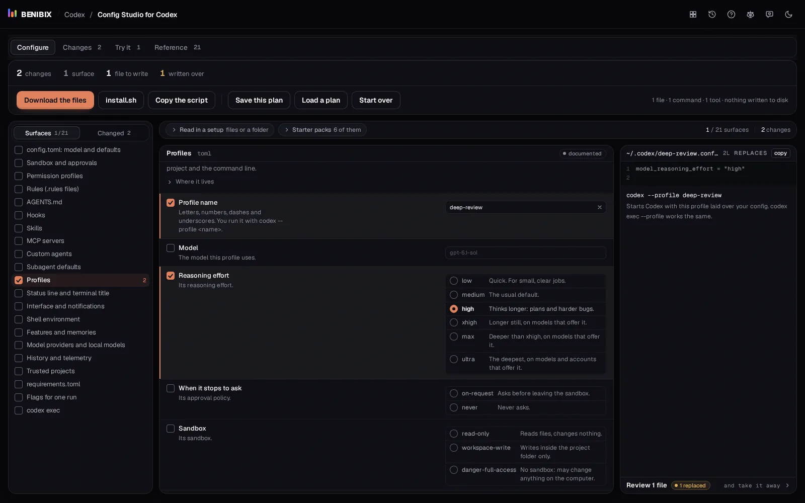 Profiles in Config Studio for Codex: a deep-review profile with high reasoning effort, its own file and the command that uses it