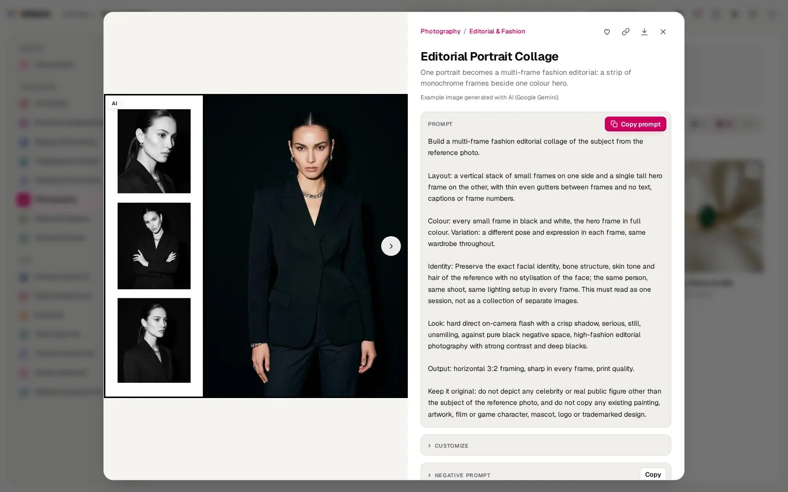 Editorial Portrait Collage opened: three black and white frames beside a colour hero frame, and the prompt's Layout, Colour, Identity, Look and Output parts