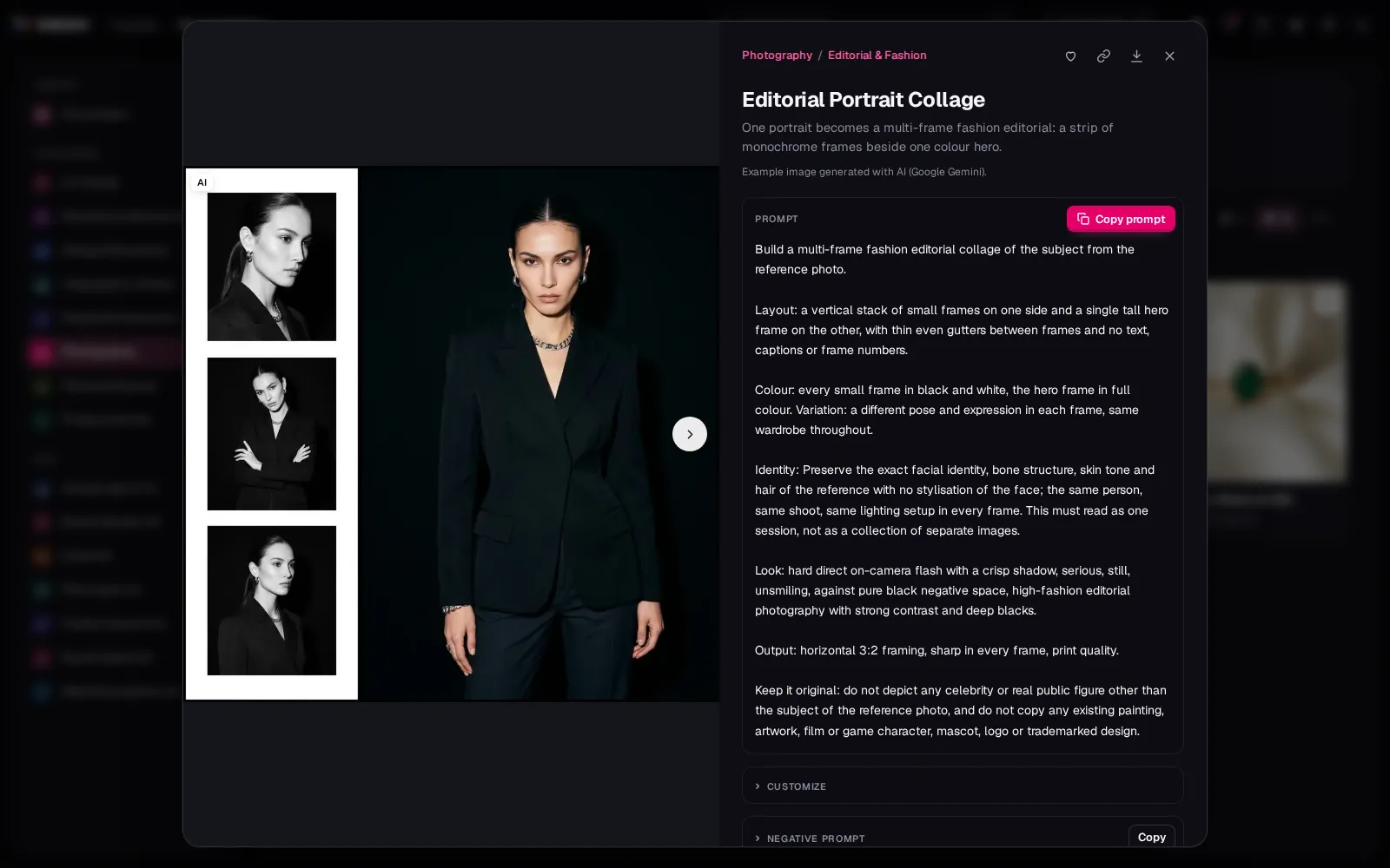 Editorial Portrait Collage opened: three black and white frames beside a colour hero frame, and the prompt's Layout, Colour, Identity, Look and Output parts